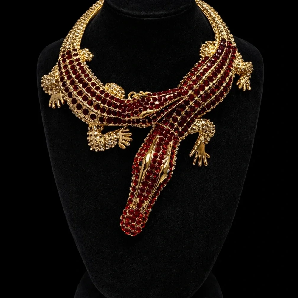 Luxurious Gold and Red Alligator Necklace - Picture 3 of 3